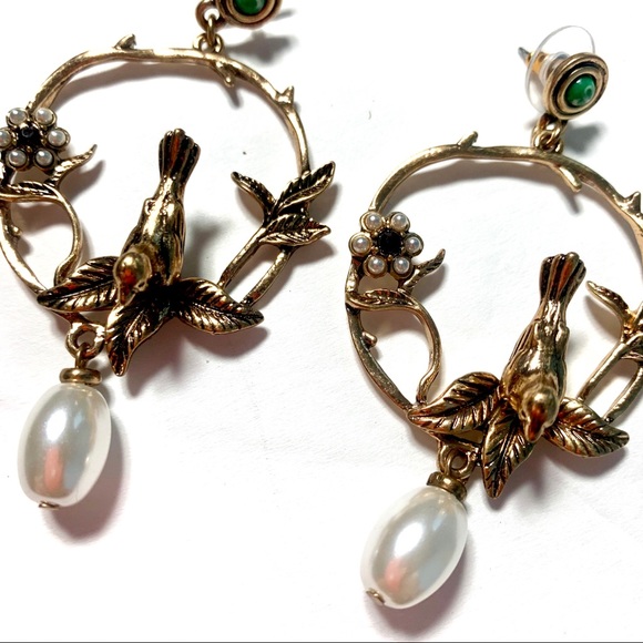 Gold Circle Hoop Drop Bird Branch Pearl Earrings - Picture 5 of 8